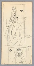 Tekening, Straatbeeld, Italië (recto); Twee ingelijste afbeeldingen van vrouwen op speelkaarten (verso), 1882