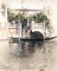 Dame die vanuit een palazzo in een gondel stapt