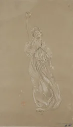 Studie van staande gedrapeerde vrouwelijke figuur voor Moods to Music muurschildering