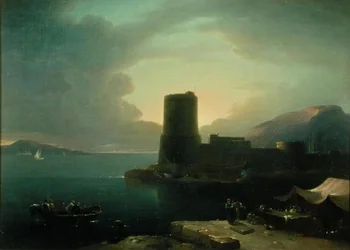 De kaap van Posilipio, in de baai van Napels, met de Vesuvius op de achtergrond