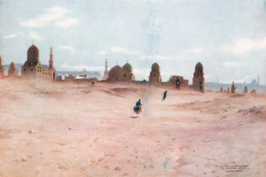 Een stoffige dag bij de graven van de Khalifs (kleurenlitho)