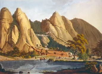 Zuidelijk uitzicht op Sewandroog, illustratie uit Twelve Views of Mysore, het land van Tippoo Sultan, gegraveerd en ingekleurd door J.W. Edy, gepubliceerd 1804