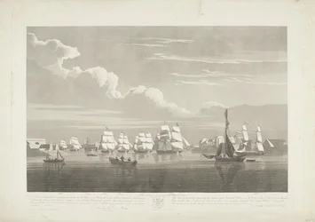 Vertrek van twaalf Nederlandse koopvaardijschepen uit de haven van Portsmouth, 1833 (plaat 1)