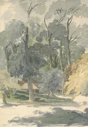 Bomen en schuren in Ashstead Park, Surrey