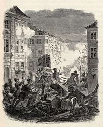 Barricade gevechten bij het Cölln Stadhuis in Berlijn in de nacht van 18 op 19 maart 1848