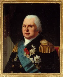 Portret van Lodewijk XVIII (1755-1824), koning van Frankrijk, in militair uniform met het Legioen van Eer en het lint van de Orde van de Heilige Geest. Schilderij door Robert Lefebvre (1755-1830) 1814 Parijs, musee Carnavalet
