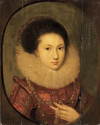 Portret van een meisje, buste-lengte, in een scharlaken geborduurde jurk en kanten kraag