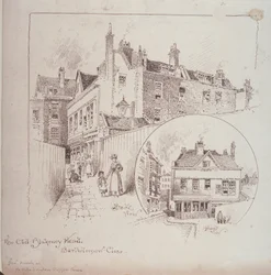 Achteraanzicht van de Old Blakeney Head Inn, Bartholomew Close, Londen, ca. 1900