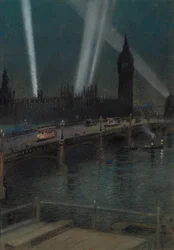 Oorlogszoeklichten over Westminster Bridge