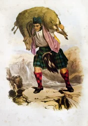 Een Schotse clankrijger Mac Rae met een schaap op zijn schouders - Litho van Robert Ronald McIAN uit "The Clans of The Scottish Highlands"" 1845