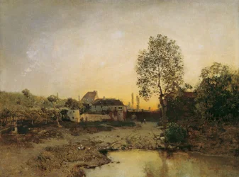 Landschap met vijver en boerderijen