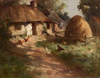 Kippen bij een hooiberg