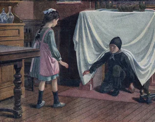 Een jonge schoorsteenveger bedekt met roet verlaat de schoorsteen bedekt met een laken. Hij maakt een klein meisje bang dat denkt dat hij de duivel is. Illustratie door Robert Salles (1871-1929) in 