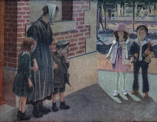 Liefdadigheid: een moeder en haar twee kinderen vragen om aalmoes van een jongen en een meisje op straat die hen hun spaargeld en speelgoed zullen geven. Illustratie door Robert Salles (1871-1929) in “Ik kan lezen”