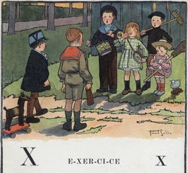 Kinderboek «Ik zal lezen - Methodisch en leuk alfabet door een vader», 1926. Illustratie van Robert Salles (1871-1929). Abecedarium: letter X als oefening. Kinderen spelen soldaatje.