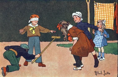 Colin maillard (colin-maillard). Gravure in "Wat spelen we?" door E. Weber met aquareltekeningen van Robert Salles (1871-1929). Librairie Garnier Freres, Parijs