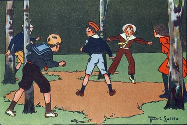 Vier hoeken. Gravure in "Waar spelen we mee?" door E. Weber met aquareltekeningen van Robert Salles (1871-1929). Librairie Garnier Freres, Parijs