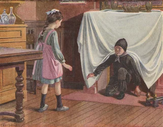 Meisje dat een jonge schoorsteenveger voor de duivel aanziet (kleurenlitho)