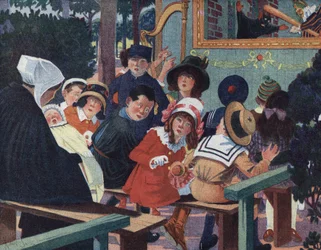 Poppenshow: kinderen in het guignoltheater worden gestoord door een huilende baby. Illustratie door Robert Salles (1871-1929) in “Ik kan lezen”