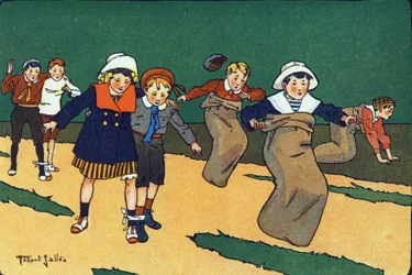 De zakkenrace. Gravure in "Waar spelen we mee?" door E. Weber met aquareltekeningen van Robert Salles (1871-1929). Librairie Garnier Freres, Parijs