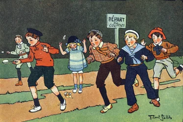 De eierwedstrijd. Gravure in "Waar spelen we mee?" door E. Weber met aquareltekeningen van Robert Salles (1871-1929). Librairie Garnier Freres, Parijs