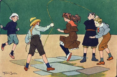 Het touwtjespringen. Gravure in "Wat spelen we?" door E. Weber met aquareltekeningen van Robert Salles (1871-1929). Librairie Garnier Freres, Parijs