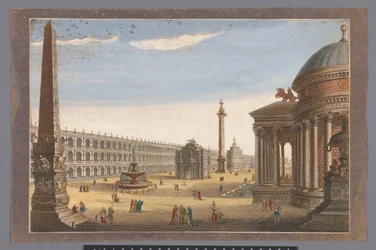 Gezicht op een obelisk, een triomfboog, een zuil en andere bouwwerken te Rome