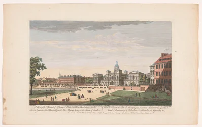 Gezicht op de Horse Guards Parade te Londen met het vertrek van George II Augustus, koning van Groot-Brittannië, naar de House of Lords