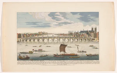 Gezicht op de Westminster Bridge over de rivier de Theems te Londen, gezien vanaf de noordzijde