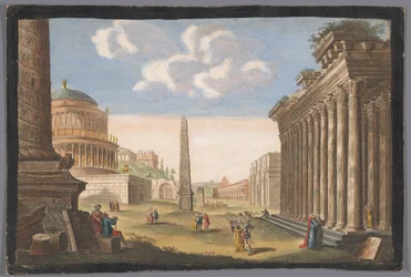 Gezicht op de ruïnes van de Zuil van Trajanus, de Boog van Constantijn en andere monumenten te Rome