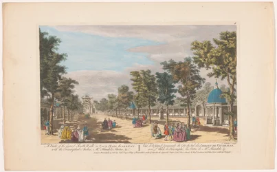 Gezicht op een laan met een triomfboog in Vauxhall Gardens te Londen
