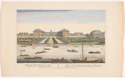 Gezicht op het Royal Hospital Chelsea en de Rotunda in Ranelagh Gardens te Londen
