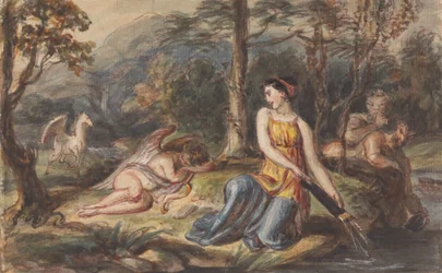 Diana, godin van de jacht, met saters, slapende Cupido en een Pegasus in een bosrijk landschap