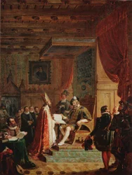 Mikael Agricola overhandigt Finse vertaling Nieuwe Testament aan koning Gustav Wasa