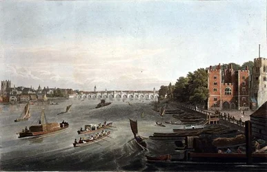 Een Uitzicht op Westminster Brug en Lambeth Paleis, pub. 1820 door Colnaghi & Co. (gravure)