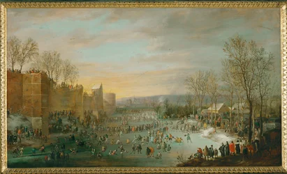 Schaatsen in de stadsgracht van Brussel, België, Aartshertog Leopold Wilhelm, gouverneur, kijkt toe vanuit zijn koets (schilderij op eikenhout)