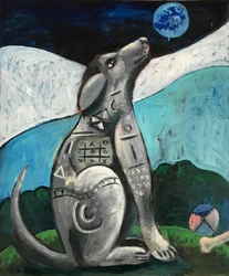 De hond en de blauwe maan, ca 2020 (olieverf op paneel)