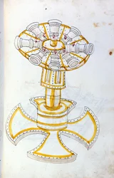 Kunst van de oorlog: studie over militaire machines. draaiend kanon, illustratie uit 