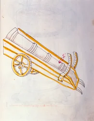 Krijgskunst: studie over militaire machines. Kanon poseert op zijn wacht, illustratie uit 