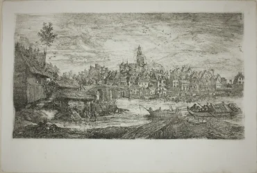 Stad met stenen brug