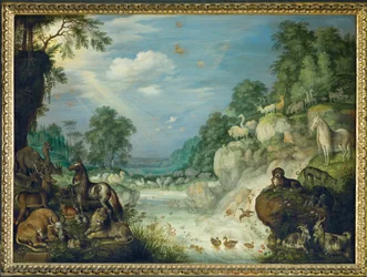Paradijs, op de achtergrond De zondeval (schilderij op koper)