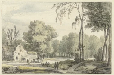 Landschap met een reiswagen voor een boerderij