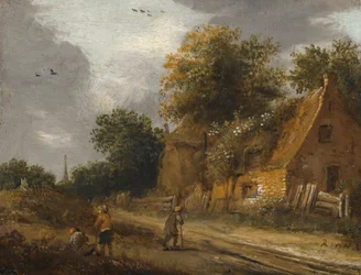Drie figuren die langs een weg voor een huisje lopen