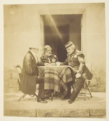 Een krijgsraad: Lord Raglan, Omar Pacha en Pélissier, gefotografeerd op de avond voor de inname van de Mankelen, Krim