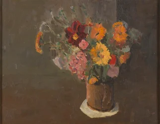 Stilleven (Michaelmas-madeliefjes in een potkan)