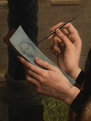 Detail van Sint Lucas tekent het portret van de Maagd