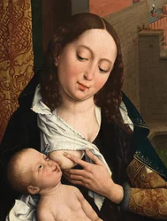 Detail van Sint Lucas tekent het portret van de Maagd