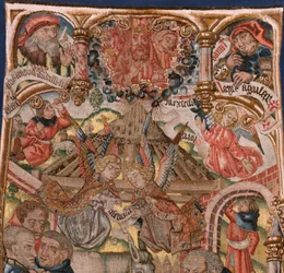 Vlaams wandtapijt. Drieluik van de Geboorte van Christus. Modellen van Cartograaf uit de kring van Rogier van der Weyden. Fabrikant Zuidelijke Nederlanden. Ca 1492. Stof Goud, zilver, zijde en wol.