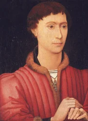 Portret van een jonge man, buste-lengte, in een met bont afgezet rood wambuis, ca. 1450-60
