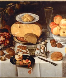 Stilleven. Appels, kaas, fruit, servies (olieverf op eikenhout)